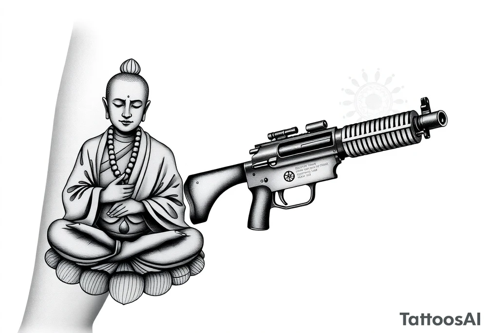 "Black ink tattoo fusing war and enlightenment:  
1. LEFT SIDE: Hyper-detailed Buddhist monk in lotus pose (dotwork shading)  
2. RIGHT SIDE: Maxim M1910 machine gun (geometric outline)  
3. TRANSITION ZONE:  
   - Monk's robes dissolve into bullet belts  
   - Prayer beads become ammunition links  
   - Third eye aligns with gun sights  

Key details:  
- Mirror embedded in gun's scope (reflects wearer's eye)  
- Micro-text along barrel: *"Пустота стреляет"* (0.3mm font)  
- Mandala-shaped muzzle flash  

Style: Neo-tribal meets ukiyo-e. Size: 15cm forearm sleeve. No colors." tattoo idea