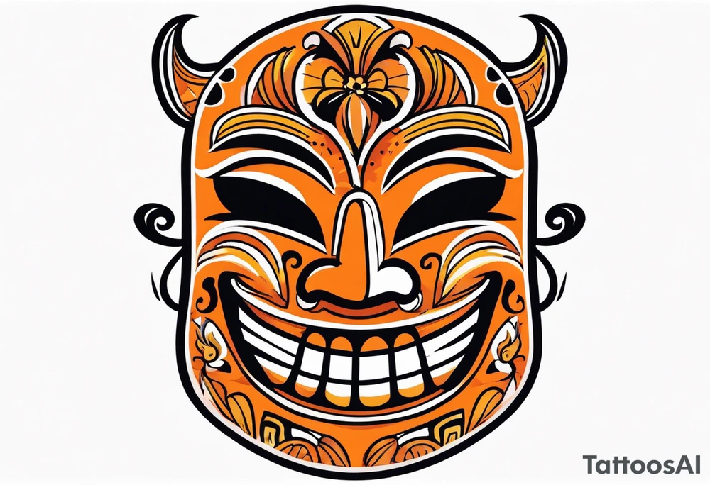Laughing Mexican mask that is orange and black simplistic tattoo idea