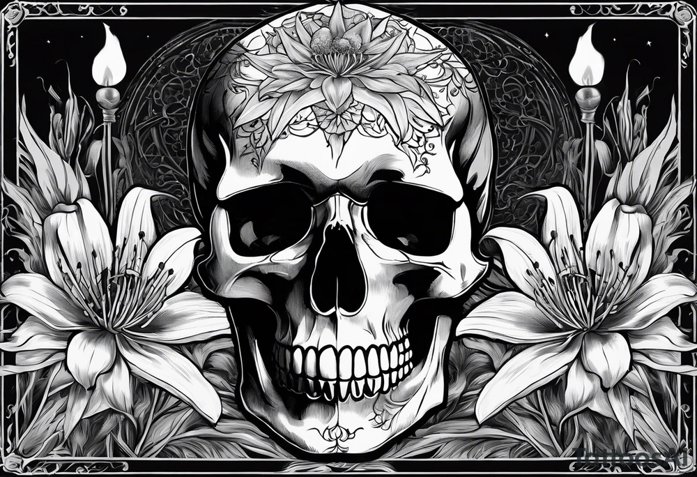 Tarot card with Vincent Van Gogh's painting Skull with a Burning Cigarette. The boarders of the tarot card should be simple with spider lilies in each corrner which go beyond the boarder. The smoke fromthe cigarette should also go beyond the boarder tattoo idea