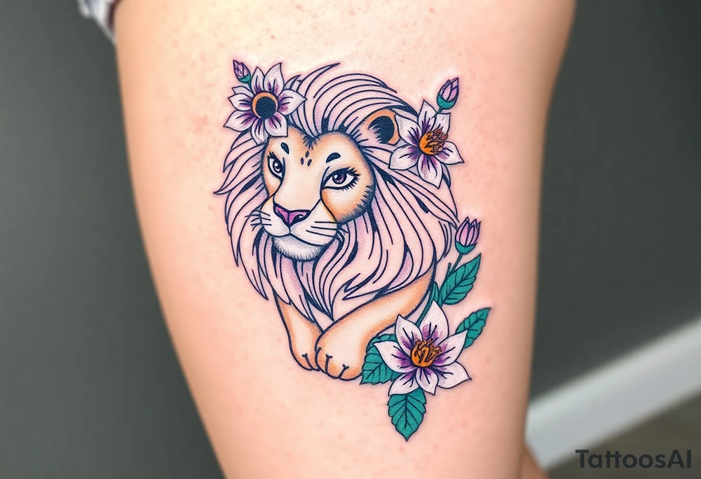 Lion with larkspur and water lilies tattoo idea