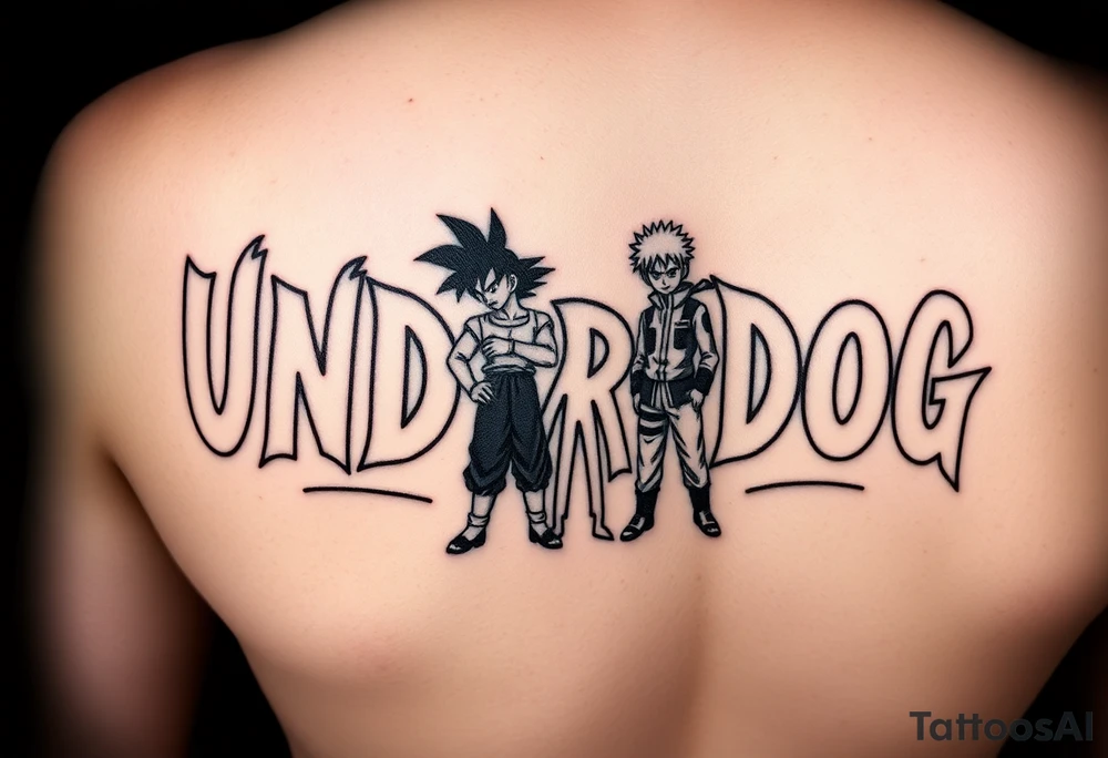 the word underdog in a cool font with 3 anime characters Goku ippo and Naruto one standing in the middle one standing on the right and one standing on the left
 on a shoulder tattoo idea