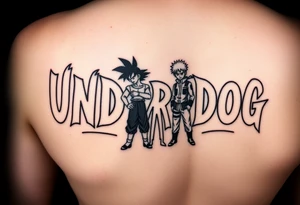 the word underdog in a cool font with 3 anime characters Goku ippo and Naruto one standing in the middle one standing on the right and one standing on the left
 on a shoulder tattoo idea