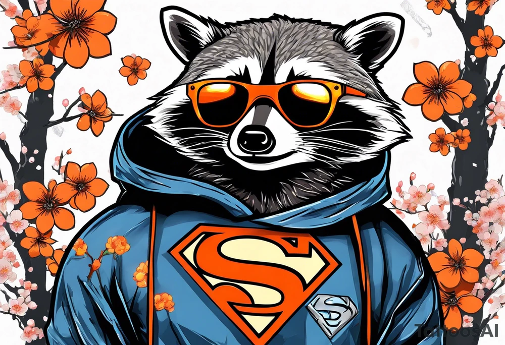raccoon wearing a Superman hoodie with black and white logo and orange Japanese cherry blossoms tattoo idea