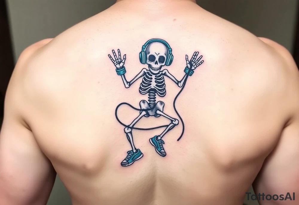 Funny small skeleton jumping on  jump rope with a blue headphones and blue tennis shoes and blue wrist bands tattoo idea