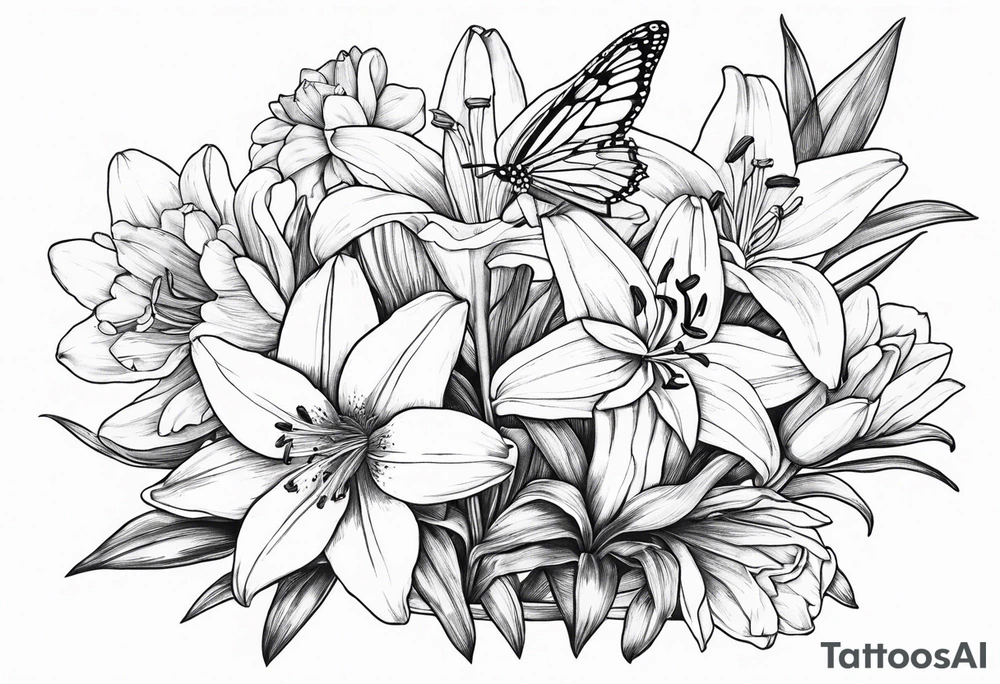 Fine line
lily daisy and daffodil bouquet with butterfly 6-8 inches bi tattoo idea
