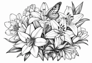 Fine line 
lily daisy and daffodil bouquet with butterfly 6-8 inches bi tattoo idea