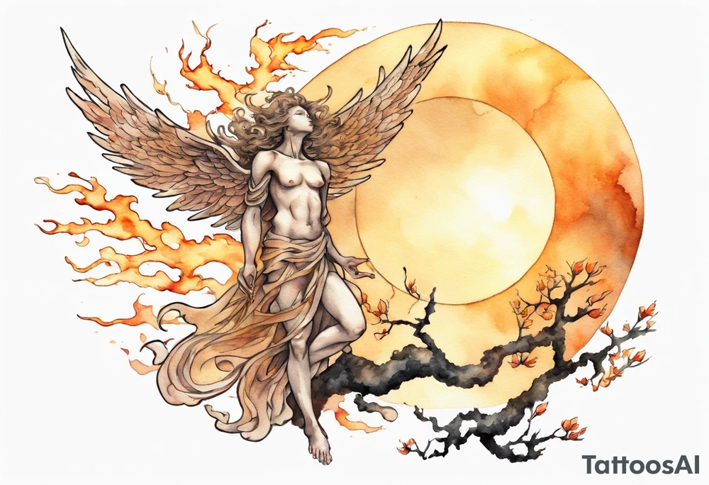 a bronze skinned angel in front of a blazing sun looking down upon a tree tattoo idea