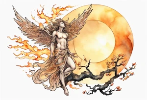 a bronze skinned angel in front of a blazing sun looking down upon a tree tattoo idea