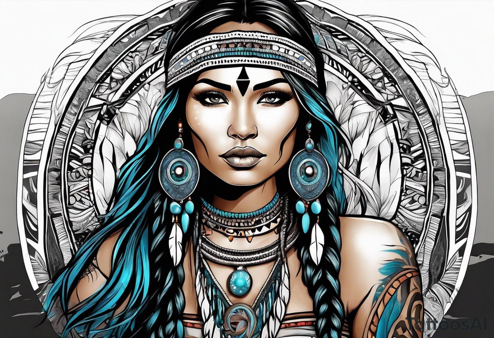 A native American Indian woman by a waterfall she is Aquarius water barrer she has tattoos and her eyes can see right through you tattoo idea