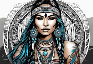 A native American Indian woman by a waterfall she is Aquarius water barrer she has tattoos and her eyes can see right through you tattoo idea