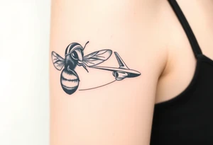 bee with a pilots hat flying next to a jet plane tattoo idea