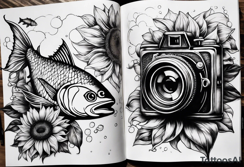 sunflower, book, camera, fish tattoo idea