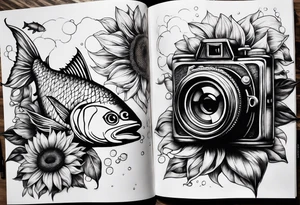 sunflower, book, camera, fish tattoo idea