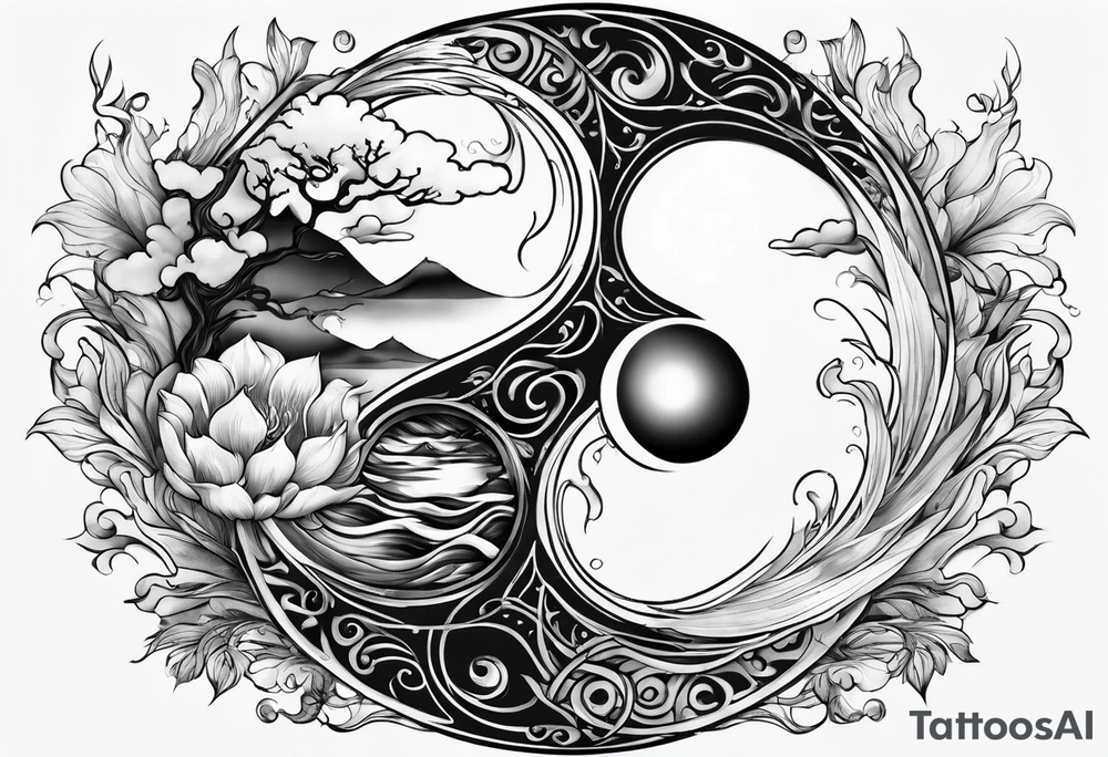 Yin Yang of fire and water together with technology and nature tattoo idea