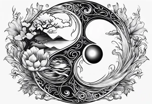 Yin Yang of fire and water together with technology and nature tattoo idea