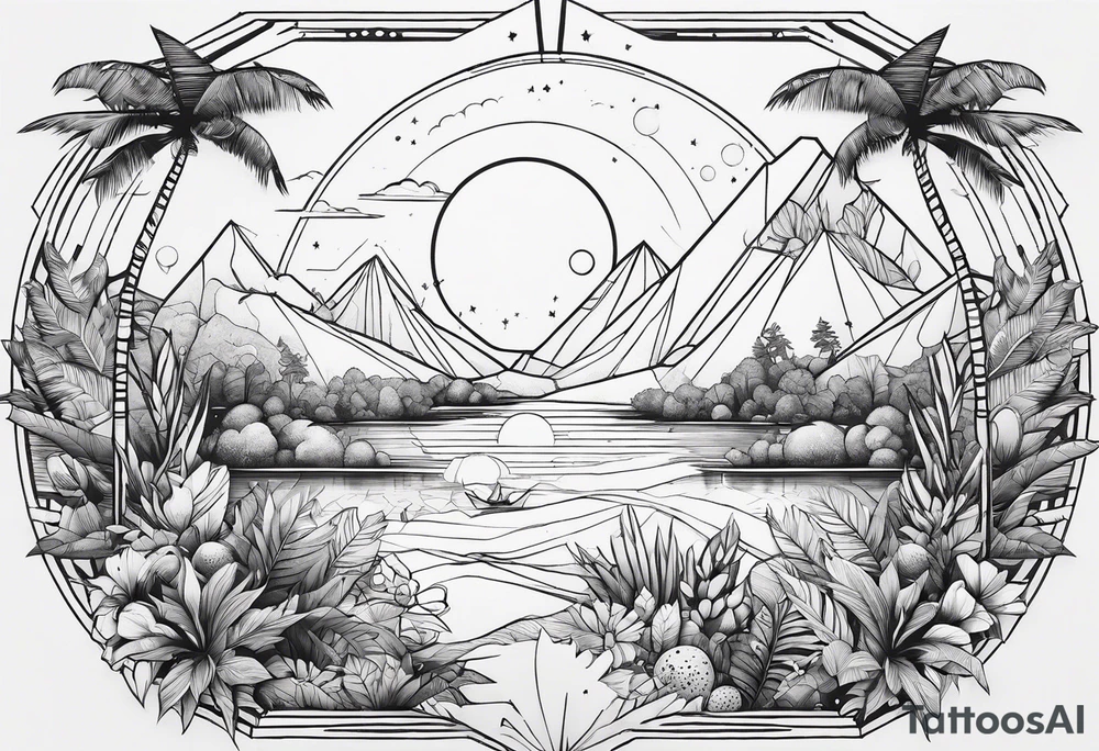 minimalistic line art design of space and jungle tattoo idea