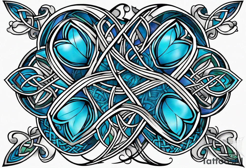 celtic knot four leaf clover blue breen witb one heart on one clover tattoo idea