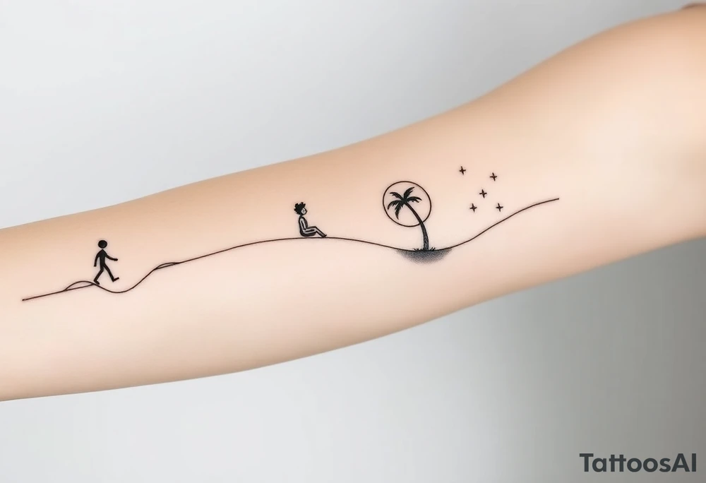 Create a minimalist tattoo design that wraps around the upper right arm, just below the armpit and above an existing blackwork sleeve.

Design Flow:

The tattoo is connected by a thin, continuous line that wraps around the arm.

On the outer/front arm, place a small, minimal walking figure on the line, moving forward. The line should have a gentle wave under his steps to create movement.

The line continues to the inner arm, where a boy is sitting on the line (with his back to the viewer, legs dangling below the line).

To the right of the boy, place a slightly leaning palm tree growing from the line.

Behind or beside the tree, include a minimal sun, low on the horizon (simple circle or half-sun).

In the space above, softly scatter minimalist stars, mostly dots, with 2–3 sparkles or tiny diamond shapes.

Style Notes:

Keep everything in fine line / minimalist style, no heavy shading

Design should feel light, dreamy, and reflective — symbolizing balance between stillness and motion

Line should echo the flow of the existing tribal/blackwork arm band below, but not mimic or clash with it

The boy should sit directly under the palm and with the back to the viewer and the feet hanging from the line. can you make the boy closer to the palm and with the back to the viewer? tattoo idea