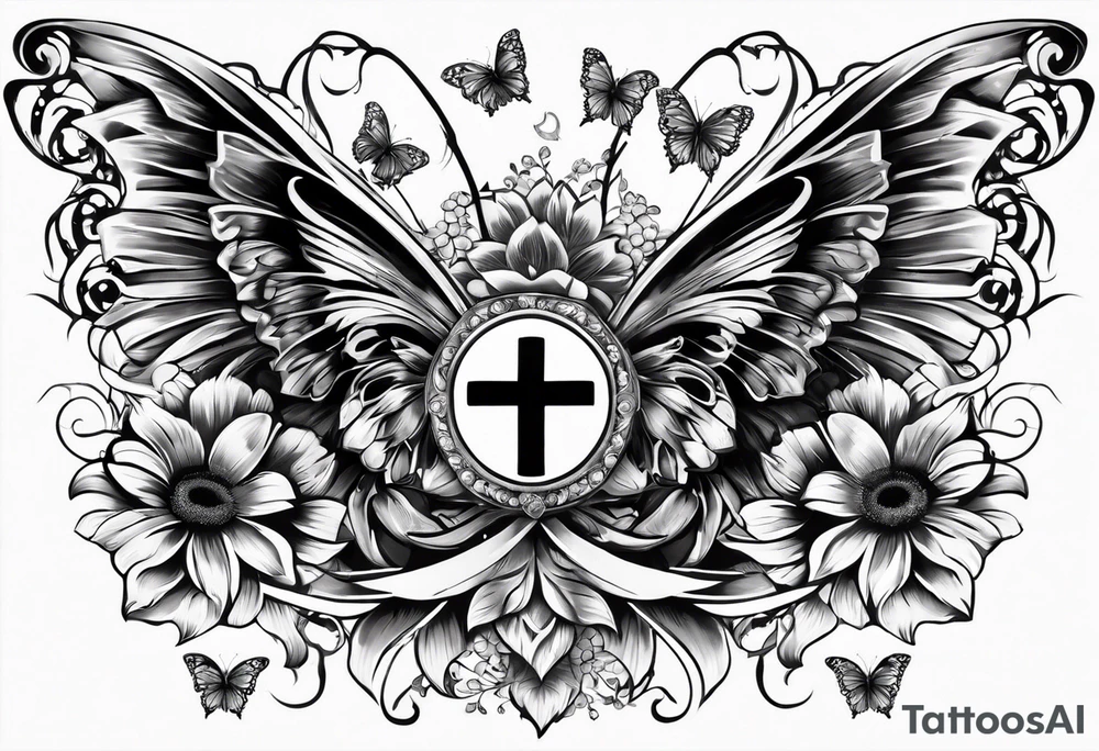 Arm sleeve with Winged cross with sunflower and butterflies tattoo idea