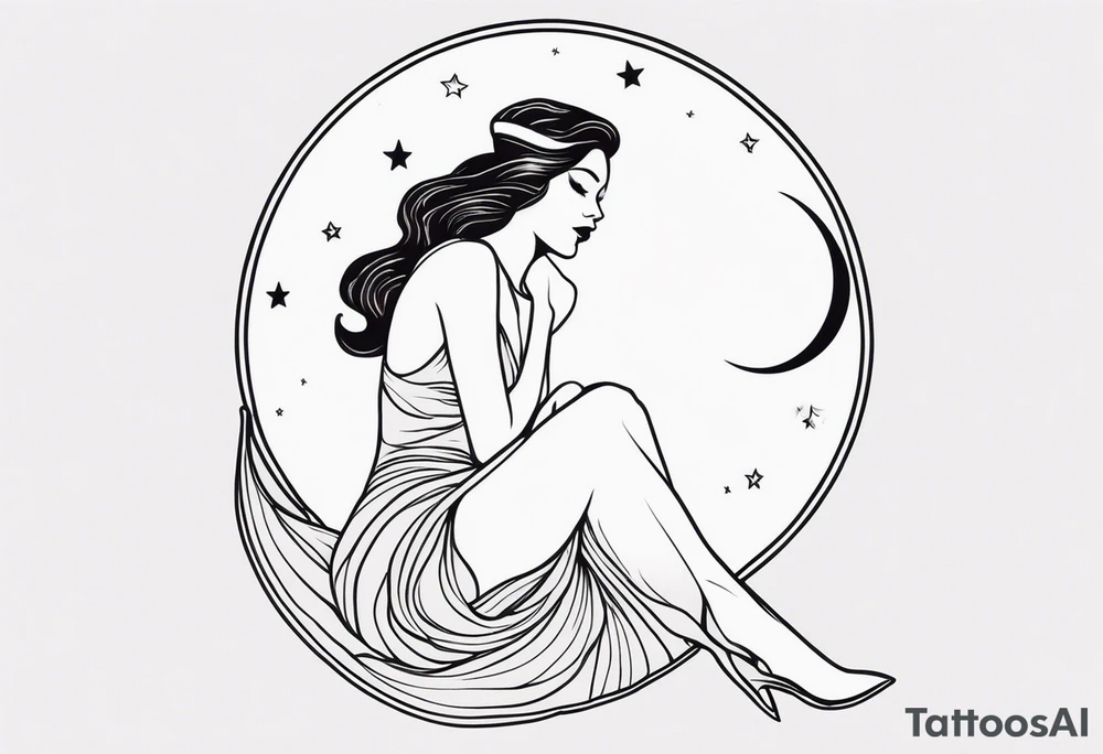 woman in dress on a crescent moon tattoo idea