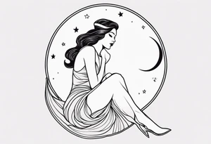 woman in dress on a crescent moon tattoo idea