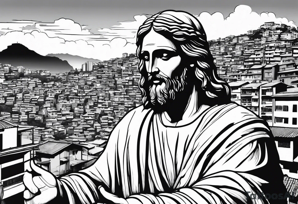 statue of jesus from Rio De Janeiro, below his hands as background there are favelas houses and above his hands as background is sky with slight clouds tattoo idea