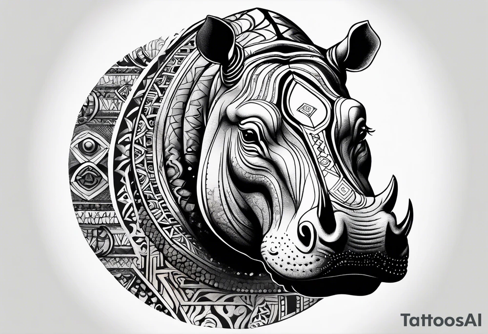 Asymmetrical, geometric, chinese ink art touch, hippo , full moon, tribal, orientation portrait tattoo idea