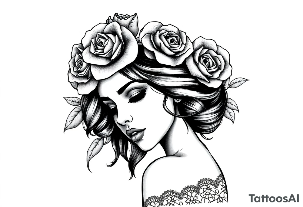 Bold vibrant gothic but also elegant and majestic wearing a rose crown also lace underneath tattoo idea