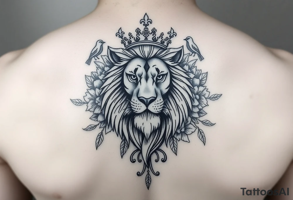 powerful majestic lion with a crown, surrounded by floral ornaments and birds tattoo idea