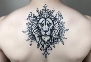 powerful majestic lion with a crown, surrounded by floral ornaments and birds tattoo idea
