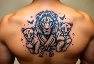 Lion wearing a Brazilian jiu jitsu gi as a person would along side his two cubs who are wearing the jiu jitsu gi as well. The surrounding area is africa tattoo idea