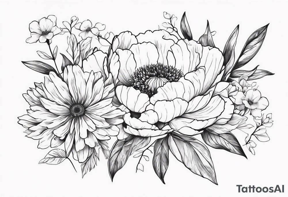 peony, calendula, sunflower, tulip, cherry blossom and ginko leaf tattoo idea