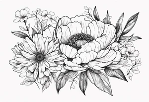 peony, calendula, sunflower, tulip, cherry blossom and ginko leaf tattoo idea