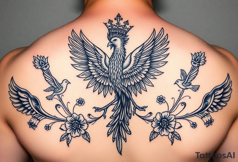 powerful majestic phenix with a crown, surrounded by floral ornaments and birds tattoo idea