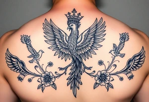 powerful majestic phenix with a crown, surrounded by floral ornaments and birds tattoo idea