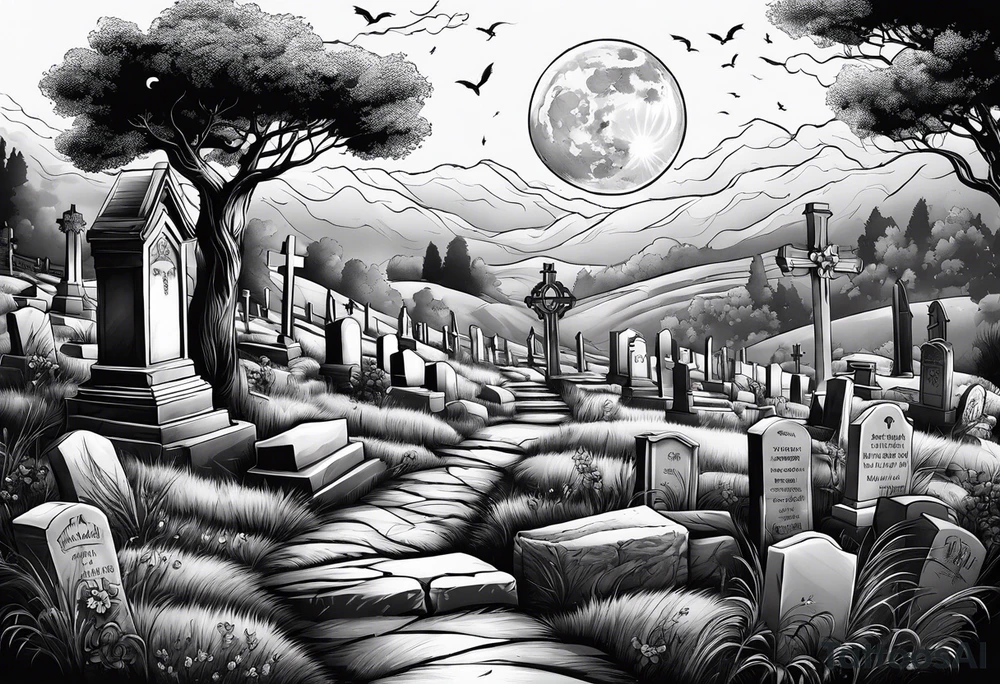 Cemetery on hills with smoke and moon tattoo idea