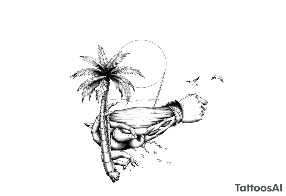 palm tree, sun, beach, birds tattoo idea