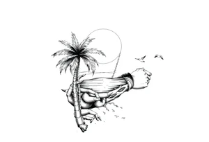 palm tree, sun, beach, birds tattoo idea