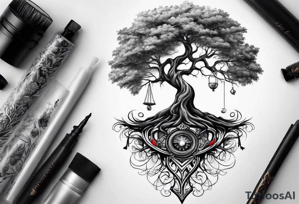 tree with the roots of the tree wrapped around a hour glass tattoo idea
