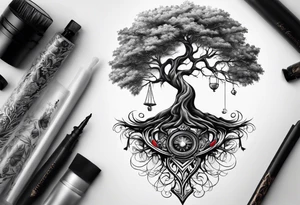 tree with the roots of the tree wrapped around a hour glass tattoo idea