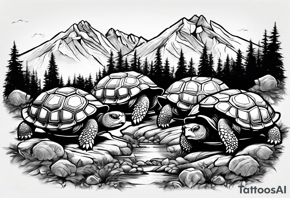 Mountains, Honda three wheeler, four turtles watching from the path tattoo idea