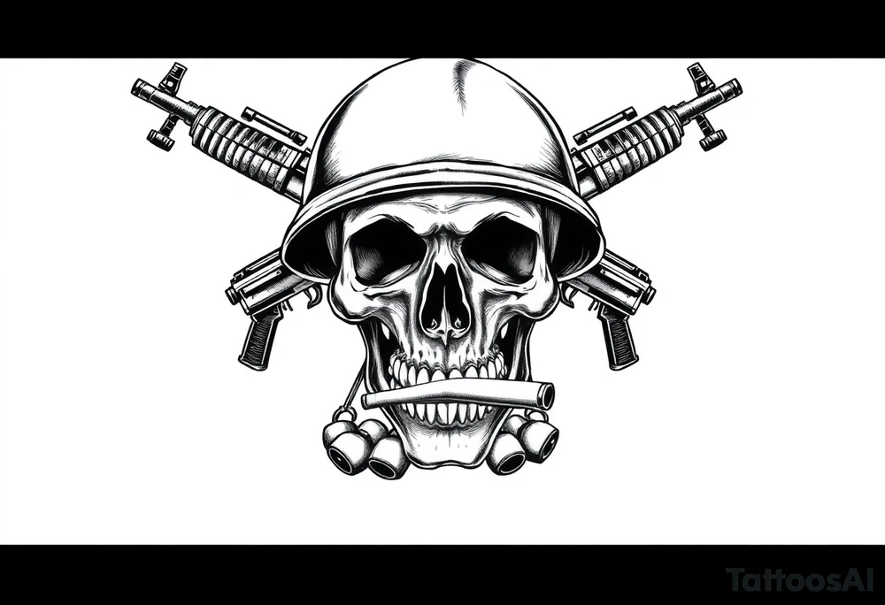 Skull wearing a soldier's helmet, crossed assault rifles behind it, cigar in mouth,grenades, tattoo idea
