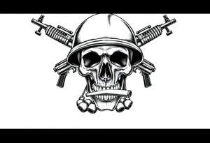 Skull wearing a soldier's helmet, crossed assault rifles behind it, cigar in mouth,grenades, tattoo idea