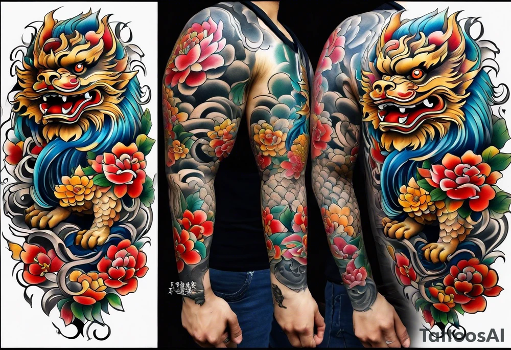 foo dog full body leg sleeve tattoo idea