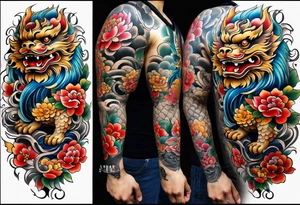 foo dog full body leg sleeve tattoo idea