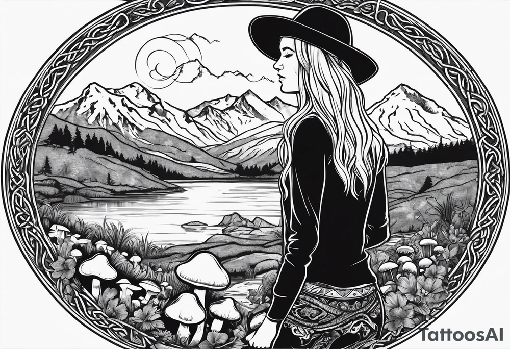 Whole picture encircled fully

Straight long blonde hair hippie girl in distance holding mushrooms in hand facing away toward mountains and creek surrounded by mushrooms long sleeve shirt and hiking pants; whole rendering within a full celtic circle border, no cut off circle tattoo idea