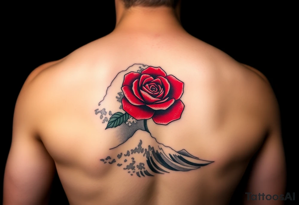 Deltoid tattoo of a beautiful red rose in the middle surrounded by the Great Wave off Kanagawa in black and white. tattoo idea