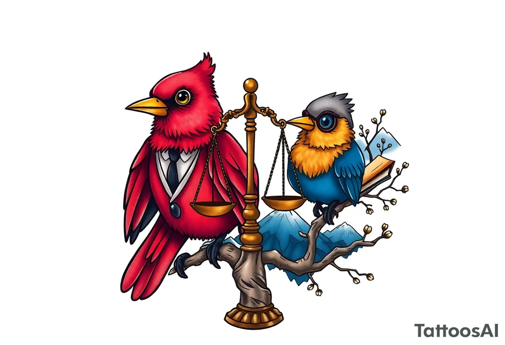 one of the birds red wearing a suit, other bird navy blue with glasses or holding a book, scales of justice built into a tree, starry night painting and mountain background tattoo idea