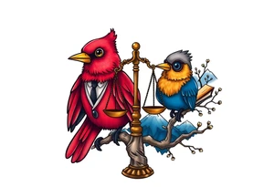 one of the birds red wearing a suit, other bird navy blue with glasses or holding a book, scales of justice built into a tree, starry night painting and mountain background tattoo idea