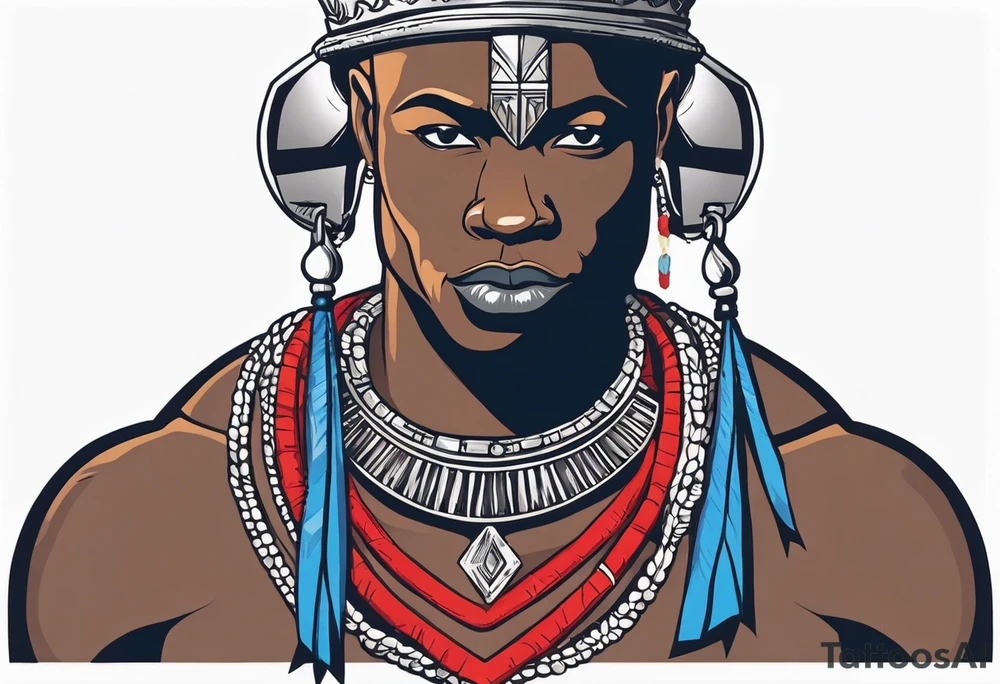 Black-skinned bald african warrior. He wears a simple and small silver crown. He uses two simple necklaces: one blue, other red. He has cowry shells in his crown tattoo idea